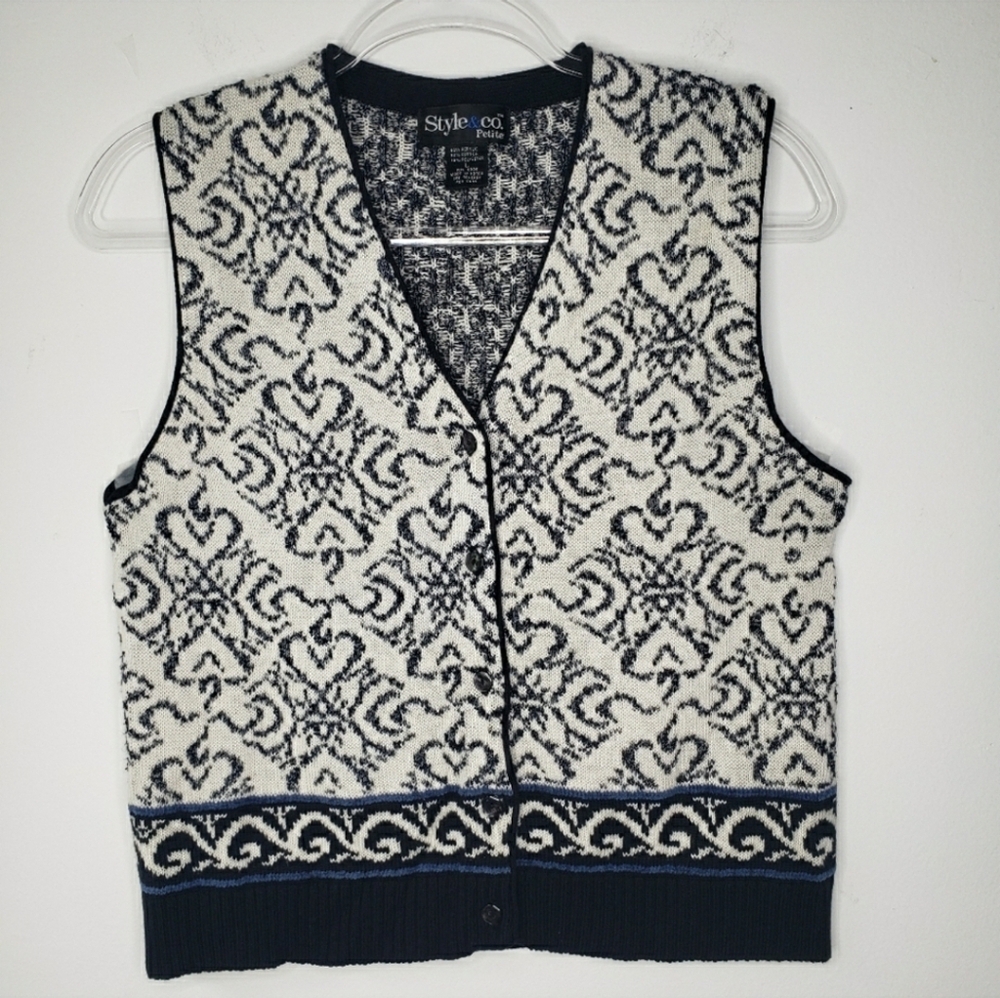 Vintage Sweater Vest Size LP Black White Hearts Whimsigoth Boho Eclectic Grandpa